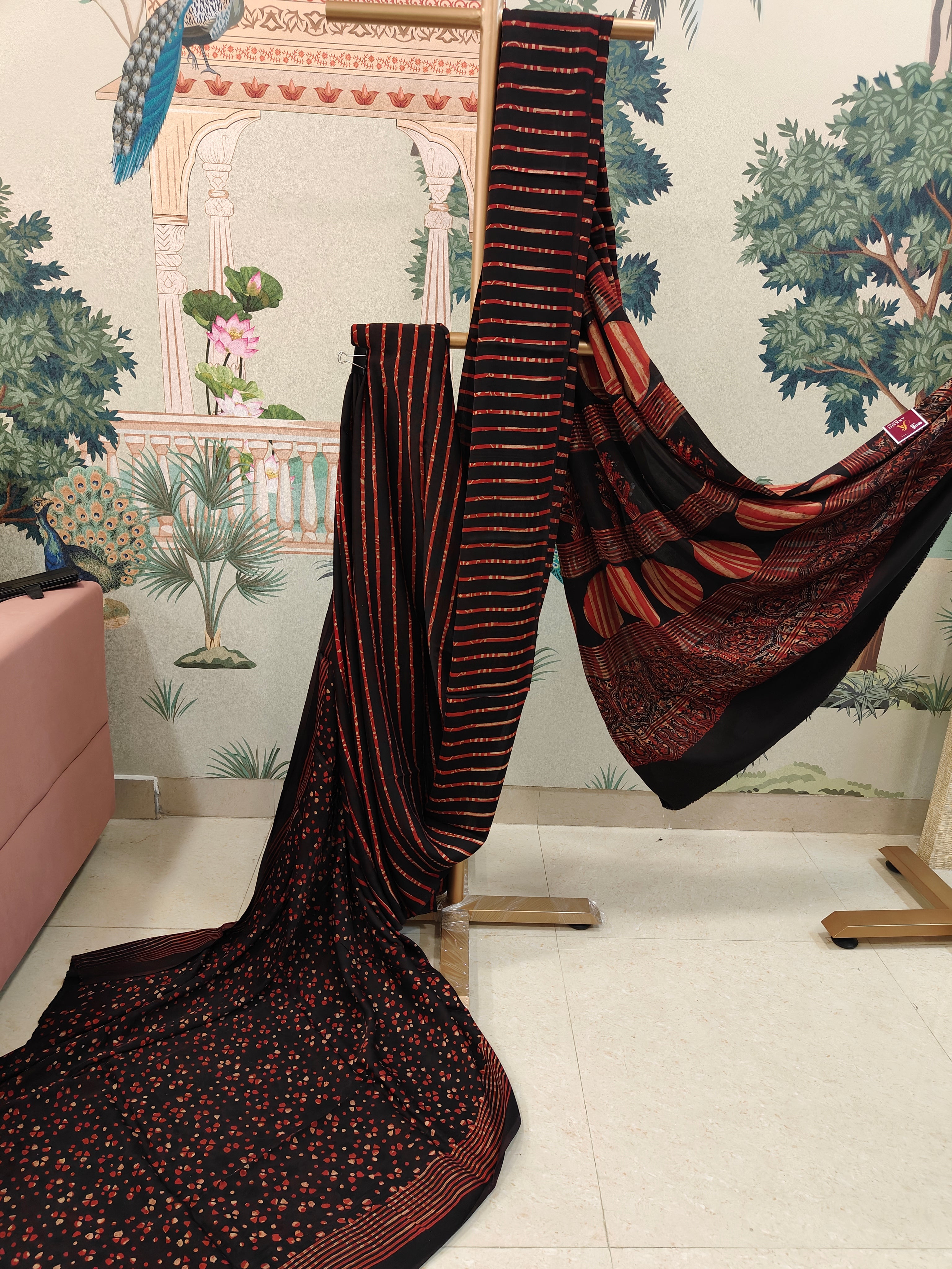 Black & Red Striped Ajrakh Print Saree